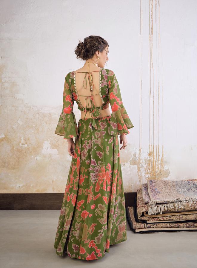 ساسافراس طقم كروب توب وتنورة أناركالي مطبوع باللون الأخضر - Image 5